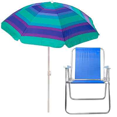Kit 16 Cadeira Alta de Praia Azul + 8 Guarda-Sol Família Roxo 1,80m FPS 70 Praia Piscina Camping