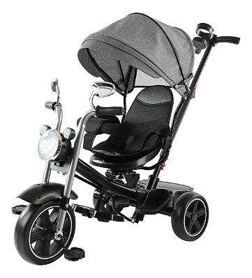 Triciclo Infantil Com Empurrador E Cobertura Cinza Com Música, Rodas Eva, Apoio Para Os Pés E Assento Giratório