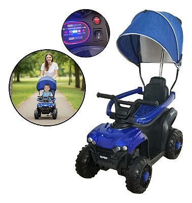 Mini Quadriciclo Elétrico Infantil 6v Azul Com Cobertura, Luz, Música, Guarda Corpo E Barra De Empurrar