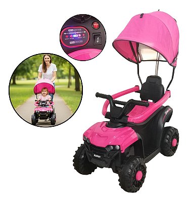 Mini Quadriciclo Elétrico Infantil 6v Rosa Com Cobertura, Luz, Música, Guarda Corpo E Barra De Empurrar