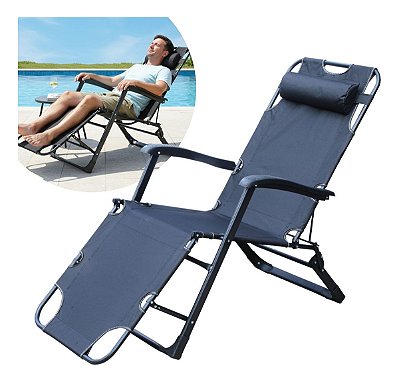 Cadeira Espreguiçadeira Reclinável Com Travesseiro Suporta Até 120kg Ideal Para Praia, Piscina, Jardim E Camping