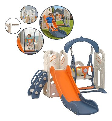 Playground Infantil 4 Em 1 Azul Com Basquete Balanço E Escorrega Lazer Completo Para Crianças Certificado Inmetro