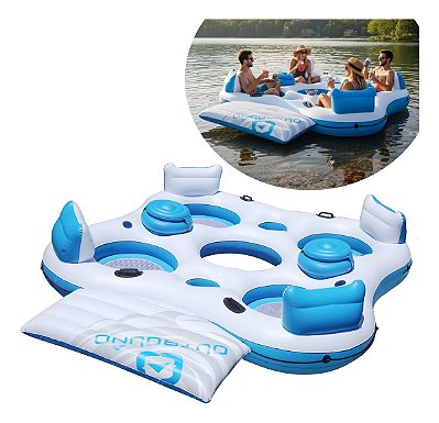 Ilha Flutuante Inflável 4 Pessoas Com Porta Copos Coolers E Deck Para Subir Com Facilidade Para Praia Represa Ou Lago