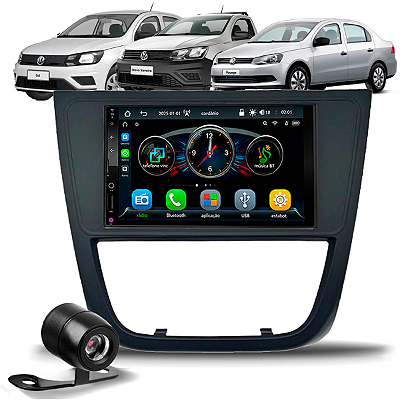 Kit Multimídia MP5 Roadstar RS-7007 7” CarPlay Android S/Fio + Moldura 2 DIN Gol G5 Saveiro Voyage - Preta + Câmera Ré