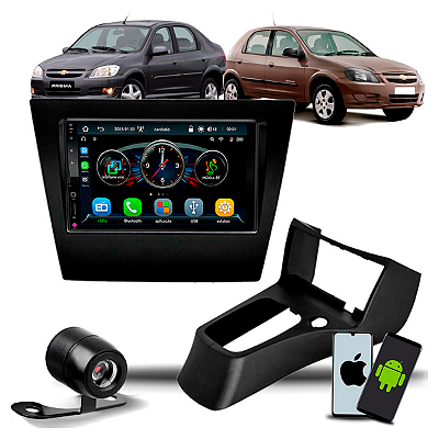 Kit Multimidia MP5 7" Roadstar Tela 7" com CarPlay e Android Auto + Moldura 2din Celta G2 2006 a 2015 + Camera de Re
