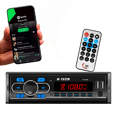 Som Automotivo HT-1023 Bluetooth USB SD AUX 4x25W RMS MP3 com Controle - Saída RCA e Carregador 2.1A - HTECH