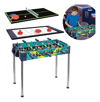 Mesa De Jogos 3x1 Desmontável Pebolim Hóquei E Tênis De Mesa Ping Pong Infantil Certificada Inmetro