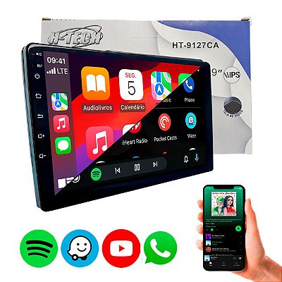 Multimídia MP5 Slim 9" Full Touch HT-9127CA com CarPlay e Android Auto Sem Fio Bluetooth USB 4x60W RMS Painel IPS