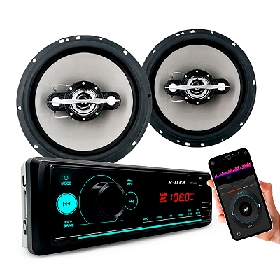 Kit Rádio Automotivo MP3 HT-1015 BT USB Controle por APP - H-tech + Par Alto Falante Cinza 6" 140W 4R Quadriaxial 4 Vias