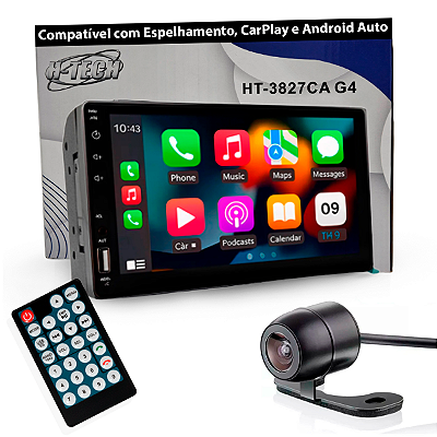 Kit Multimidia MP5 2DIN 7" IPS Full Touch HT-3827CA CarPlay Android Auto BT USB SD AUX 4x60W H-TECH + Câmera Universal