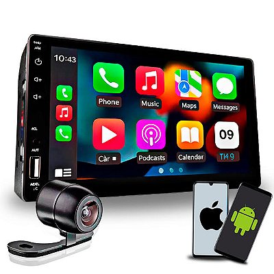 Kit Multimidia MP5 2DIN 7" IPS Full Touch HT-3827CA CarPlay Android Auto BT USB SD AUX 4x60W H-TECH + Câmera Universal