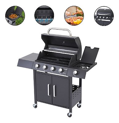 Churrasqueira A Gás 4 Queimadores 1 Lateral Preta Grill Inox Área Gourmet Churrasco Btu Alto Desempenho