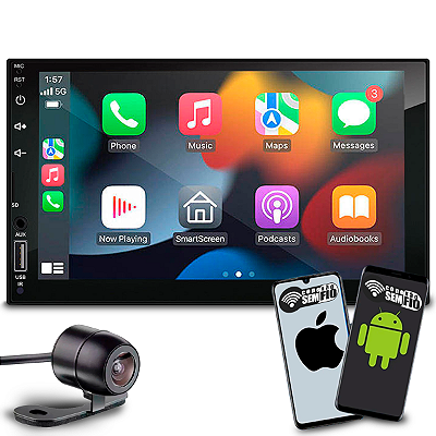 Central Multimídia 7 Polegadas Com Carplay e Android Auto Sem Fio + Controle Remoto + Câmera de Ré Colorida
