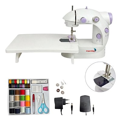 Mini Máquina De Costura Portátil Com Mesa E Kit Completo Bivolt Luz Led Pedal Controle Compacta Uso Diário