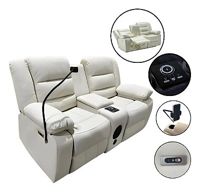 Poltrona Dupla Reclinável Com Massagem Aquecimento Bluetooth Usb Led Som E Carregador Indução Bege
