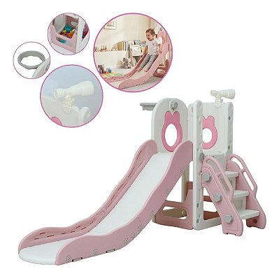 Playground Infantil 4x1 Escorregador Cesta Telescópio Rosa Ideal Para Crianças Com Diversão Completa