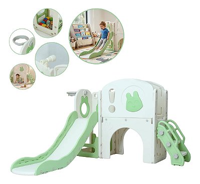 Playground Infantil 5x1 Parquinho Verde Multifuncional Com Escorregador Cesta Telescópio E Ponte