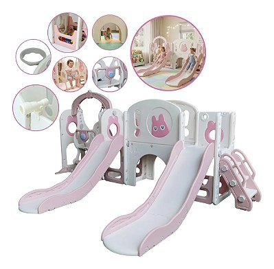Playground Infantil 7x1 Parquinho Rosa Multifuncional Com Escorregador Duplo Balanço Música Completo