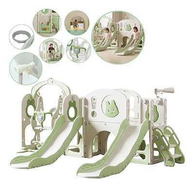Playground Infantil 7x1 Parquinho Verde Multifuncional Com Escorregador Duplo Balanço Música Completo