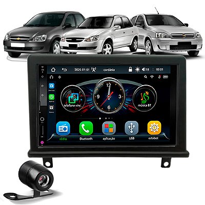 Multimídia MP5 7 Pol Com CarPlay e Android Auto Bluetooth USB Sem Fio Moldura Chevrolet Corsa G1 1995 até 2011 Câmera Ré