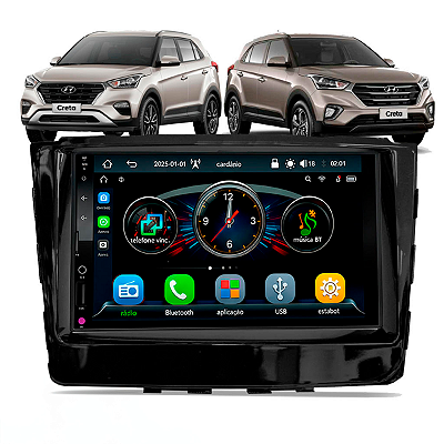 Multimídia MP5 7 Polegadas Automotivo Bluetooth USB Com CarPlay e Android Auto Sem Fio Moldura Hyundai Creta 2017 a 2021