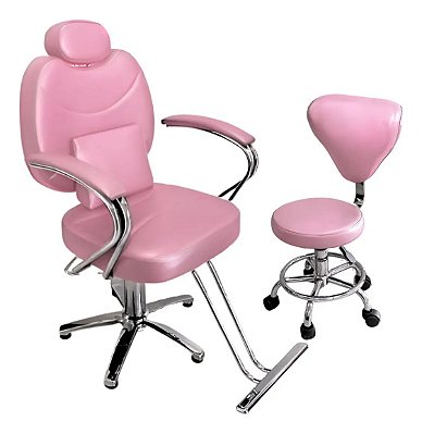 Cadeira Barbeiro Reclinável Base Estrela Com Mocho Descanso De Perna Ajuste Hidráulico Rosa Salão De Beleza