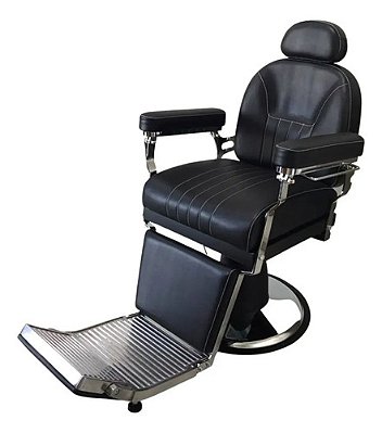 Cadeira Barbeiro Reclinável Base Redonda Aço Inox Ajuste Hidráulico Profissional Completa