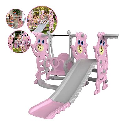 Playground Infantil 3 Em 1 Rosa Com Escorregador Balanço E Cesta De Basquete Importway Premium