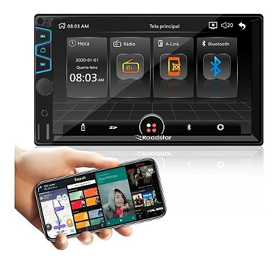 Central Multimídia 7 Polegadas MP5 2din Espelhamento Bluetooth USB SD AUX Rádio FM Controle App Roadstar RS404BR Plus