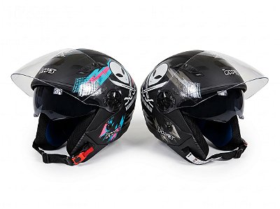 Capacete Moto X Open Up Mansão Maromba Preto Fosco Grafite / Rosa e Azul com Óculos Interno e Viseira Cristal 56 58 60