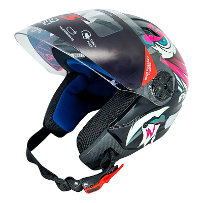 Capacete Moto X Open Eagle Aberto com Óculos Interno Rosa Azul e Viseira Cristal Tamanho 58 - FW3