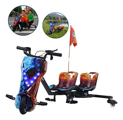 Drift Triciclo Elétrico 250w Dois Lugares Azul Freio Dianteiro Luz Led Velocidade 25kmh Roda 8 Pol