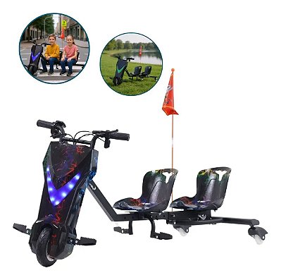 Drift Triciclo Elétrico 250w Dois Lugares Preto Freio Dianteiro Luz Led Velocidade 25kmh Roda 8 Pol