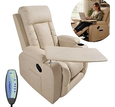 Poltrona Reclinável Massagem Aquecimento Mesa Lateral Porta Copos Pu Home Theater 8 Pontos Vibração