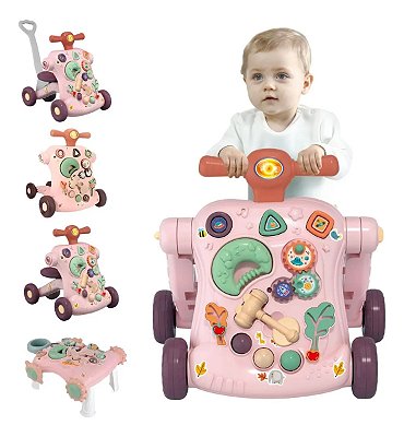 Andador Empurrador Infantil Triciclo Musical 5x1 Rosa Com Som Mesa Interativa Patinete Importway