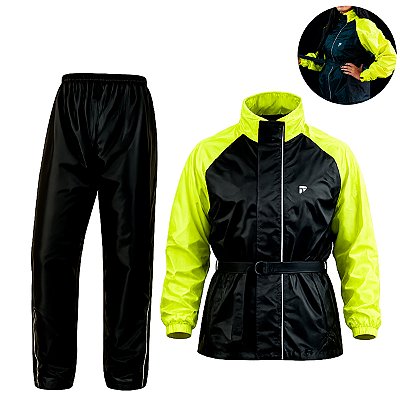 Conjunto Capa de Chuva Feminina Motociclista Nylon Traveller Com Bolso Forrado Preto com Amarelo Neon Tamanho G Pioneira
