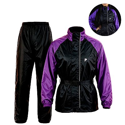 Conjunto Capa de Chuva Feminina para Motociclista Nylon Traveller Com Bolso Forrado Preto com Roxo Tamanho P - Pioneira