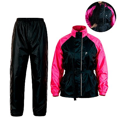 Conjunto Capa de Chuva Feminina para Motociclista Nylon Traveller Com Bolso Forrado Preto com Rosa Tamanho GG - Pioneira