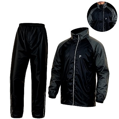 Conjunto Capa de Chuva para Motociclista Nylon Traveller Com Bolso Forrado Preto com Cinza Chumbo Tamanho G - Pioneira