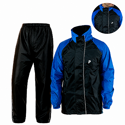 Conjunto Capa de Chuva para Motociclista Nylon Traveller Com Bolso Forrado Preto com Azul Royal Tamanho P - Pioneira