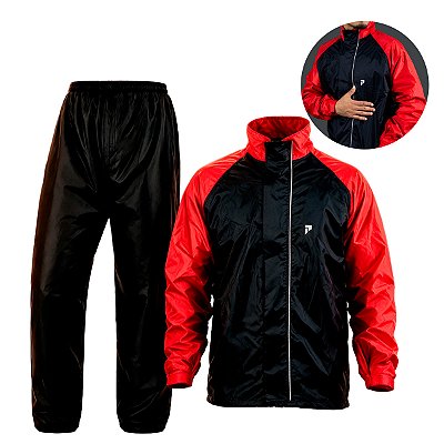 Conjunto Capa de Chuva para Motociclista Nylon Traveller Com Bolso Forrado Preto com Vermelho Tamanho G - Pioneira