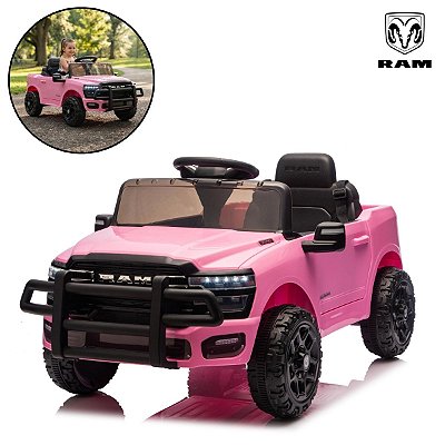 Carrinho Elétrico Infantil Ram 3500 Rho 12v Rosa Com Empurrador Som Luz Bateria Recarregável Importway