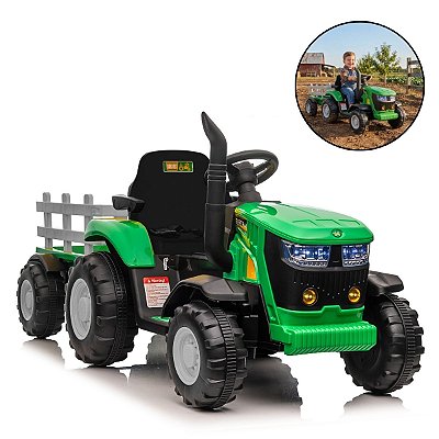 Trator Elétrico Infantil 12v Verde Com Carreta Controle Remoto Som Luz Bateria Recarregável Importway