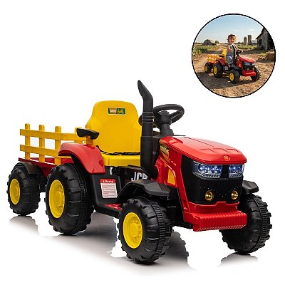 Trator Elétrico Infantil 12v Vermelho Com Carreta Controle Remoto Som Luz Bateria Recarregável Importway