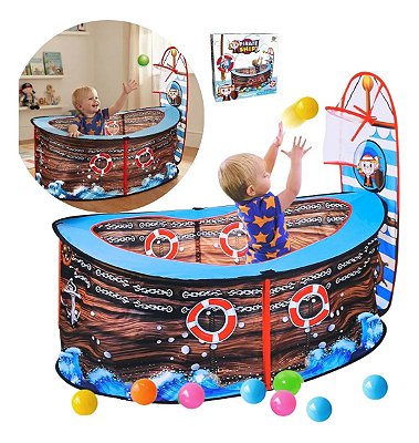 Piscina De Bolinhas Infantil Navio Pirata Com Cesta De Basquete Toca Brinquedo Para Crianças A Partir 3 Anos