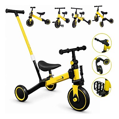 Bicicleta Infantil Equilíbrio 5 Em 1 Triciclo Empurrador Balance Bike Sem Pedal Amarela Para Crianças 3 Anos