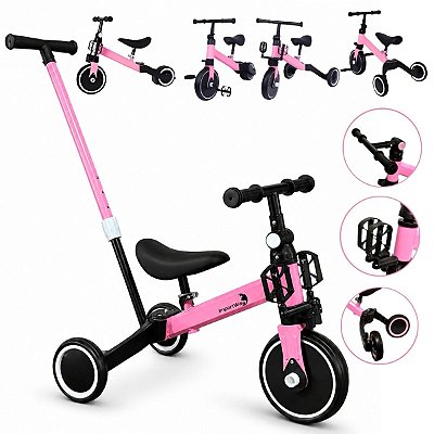 Bicicleta Infantil Equilíbrio 5 Em 1 Triciclo Empurrador Balance Bike Sem Pedal Rosa Para Crianças 3 Anos