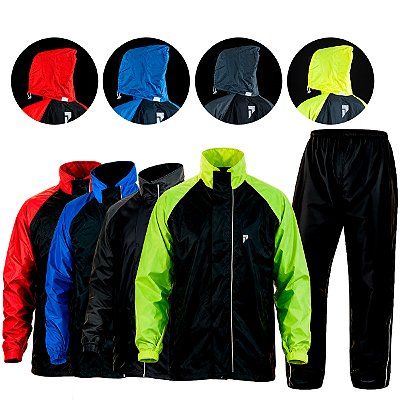 Conjunto Capa Chuva Moto Masculino Impermeável Nylon Forrado Bolso Zíper Capuz Refletivo Traveller Pioneira