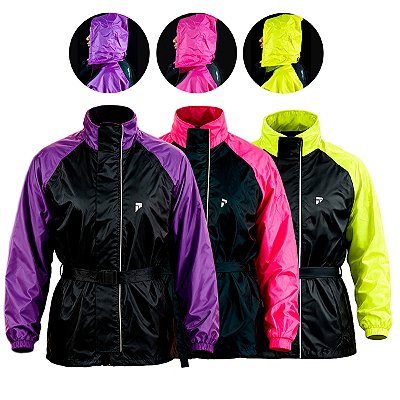 Conjunto Capa Chuva Moto Feminina Impermeável Nylon Forrado Bolso Interno Zíper Traveller Pioneira