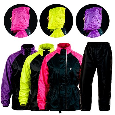 Conjunto Capa Chuva Moto Feminina Impermeável Nylon Forrado Bolso Interno Zíper Traveller Pioneira